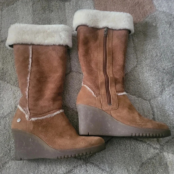 UGG Shoes - Aubrie Suede Wedge Knee Shearling Boot